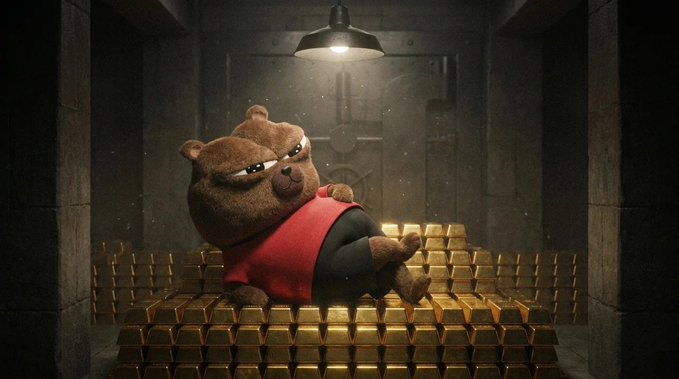 An illustration of an anthropomorphic bear is sprawled across several gold bars like it is enjoying a pile of money for no good reason. This supports the post claiming to "lockin' up the BOBO like Fort Knox", possibly in allusion to the character accumulating gold and doing so in a vault, or even implying a comparison of the holder of BOBO to a safetly.