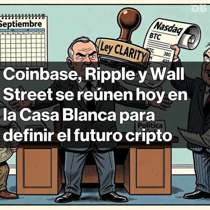 A cartoon depicting men in suits at a White House meeting about crypto regulation, with Spanish text reading 'Coinbase, Ripple y Wall Street se reúnen hoy en la Casa Blanca para definir el futuro cripto'.