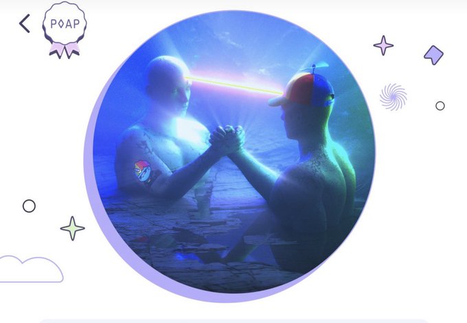 Digital artwork labeled 'POAP' depicting two shirtless men underwater clasping hands and staring at each other intensely with a rainbow beam between their eyes, surrounded by decorative purple icons.