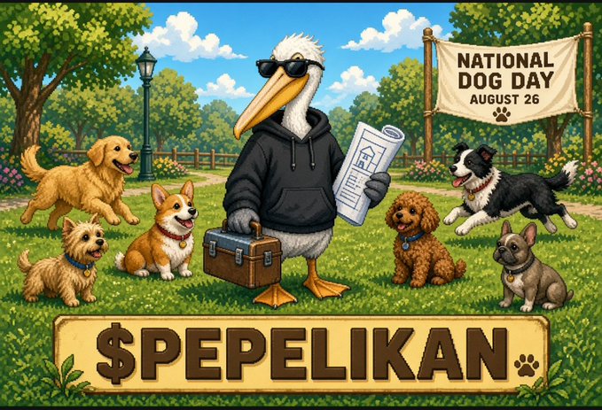 An illustrated scene showing a pelican wearing sunglasses and a hoodie holding a toolbox and blueprints, surrounded by various dogs in a park, with a banner reading "NATIONAL DOG DAY AUGUST 26" and the text "$PEPELIKAN" at the bottom.