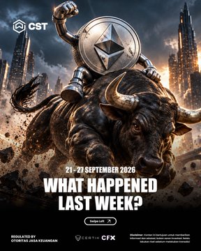 A promotional poster for a 'CST' event dated 21-27 September 2026 titled 'WHAT HAPPENED LAST WEEK?' features a futuristic armored figure riding a mechanical bull with an Ethereum logo.