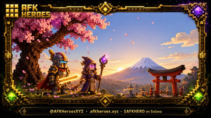 The image is a pixel art promotional graphic for "AFK Heroes" featuring two armored characters standing beneath a blooming cherry blossom tree with Mount Fuji and a torii gate in the background, fitting the post's tribute to the Japanese player community. The bottom banner displays "@AFKHeroesXYZ • afkheroes.xyz • $AFKHERO on Solana."