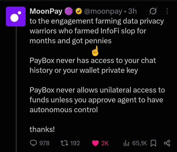A tweet from MoonPay (@moonpay) explaining that PayBox never has access to chat history, private keys, or funds without user approval, addressing data privacy concerns.