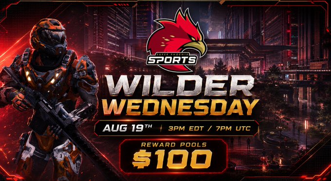 A promotional banner for a "WILDER WEDNESDAY" esports tournament on Aug 19th at 3PM EDT/7PM UTC, featuring a futuristic armored character with a rifle, a red hawk logo, and a $100 reward pool.