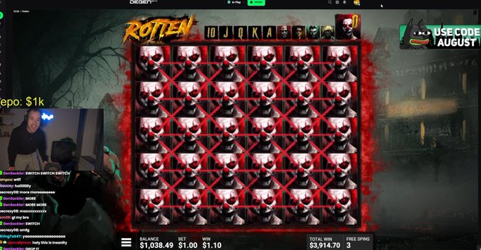 The image shows a streamer playing the slot game "Rotten" on Degens.bet, with a grid of horror-themed symbols and a total win of $3,914.70 displayed at the bottom. The streamer appears in a webcam overlay on the left with chat messages visible, and a promotional banner reads "USE CODE AUGUST!" on the right. This relates to the post by showcasing the gambling stream session where viewers can tip $SOL to the creator's address mentioned in the caption.