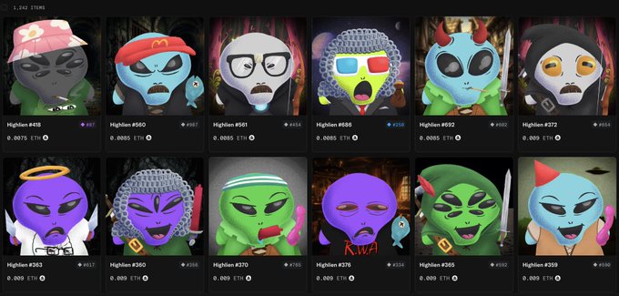 A grid of NFT-style avatars with various features (alien, Ronald McDonald, glasses, 3D glasses, devils) and labeled 'Highlion' with ETH price tags.