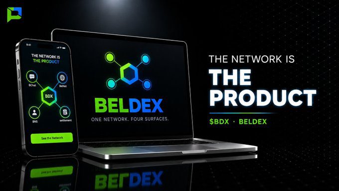 A promotional graphic for BELDEX showing a smartphone and laptop displaying the brand, with the tagline "THE NETWORK IS THE PRODUCT" and "ONE NETWORK. FOUR SURFACES."