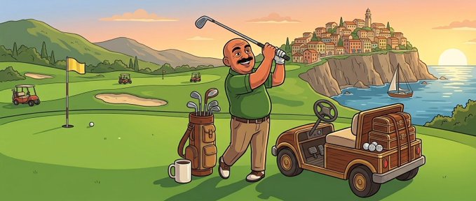 A cartoon illustration of a smiling bald man swinging a golf club on a coastal golf course, with golf carts, a wooden golf bag, and a Mediterranean-style coastal town in the background.
