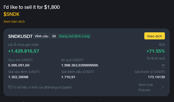 A trading interface showing a position on SNDKUSDT with 3x leverage, indicating a long position with a realized P&L of +1,429.81657 USDT and ROI of +71.55%, with a user comment 'I'd like to sell it for $1,800'.