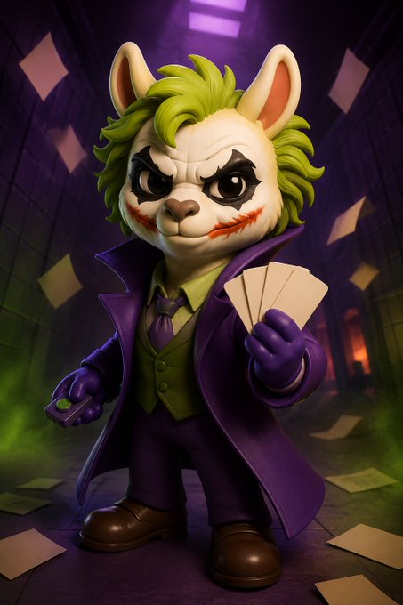 A 3D-rendered cartoon llama character dressed in a purple trench coat with green vest and tie, holding a fan of playing cards in one hand and a detonator in the other, standing in a dark alleyway scattered with playing cards — depicting "The Jokester," an upcoming Iconic Parody Uppie collectible figure inspired by the Joker, as teased in the UGENS26 collection announcement.