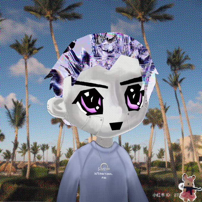 A stylized, anime-like 3D character with purple hair and large pink eyes, wearing a light blue "CLYSE INTERNATIONAL" t-shirt, set against a tropical beach backdrop with palm trees.