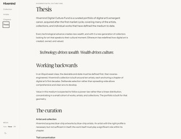 The image displays a webpage from Hivemind about their "Digital Culture Fund" (ticker: HDGCF), with article sections titled "Thesis," "Working backwards," "The curation," "Artist and collection," and "Test conservation" discussing their portfolio of digital artworks on the Ethereum blockchain, which aligns with the accompanying post praising the fund as a blue-chip collection of digital art assembled with conviction.