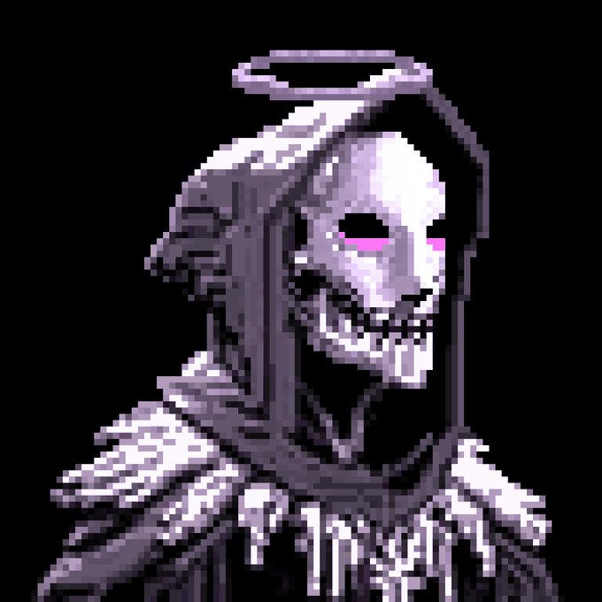 A pixel art illustration of a creepy, skeletal figure with a halo, hollow eyes, and a tattered dark hood against a black background.