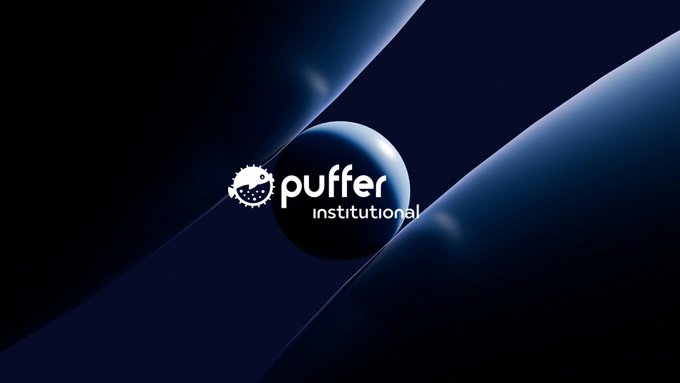 The image shows a sleek dark blue gradient background featuring the "puffer institutional" logo, which includes a pufferfish icon next to the text. The polished, professional design with its deep blue tones visually reinforces the brand's focus on providing secure, institutional-grade Ethereum staking solutions.