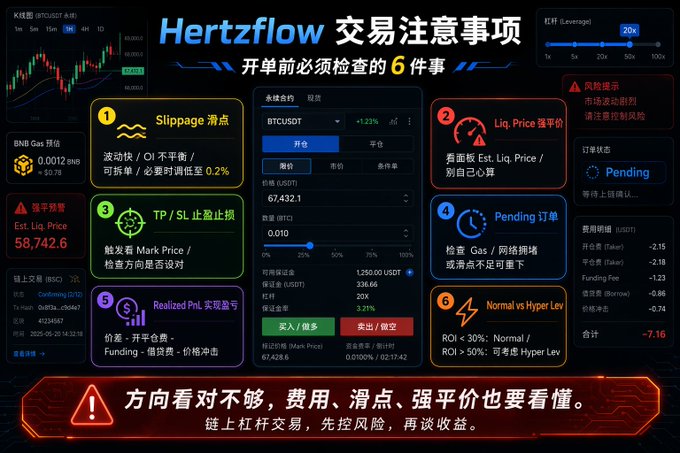 A Chinese-language infographic titled 'Hertzflow 交易注意事项' (Hertzflow Trading Precautions), listing six key things to check before trading, including slippage, liquidation price, and funding fees, displayed over a trading dashboard.