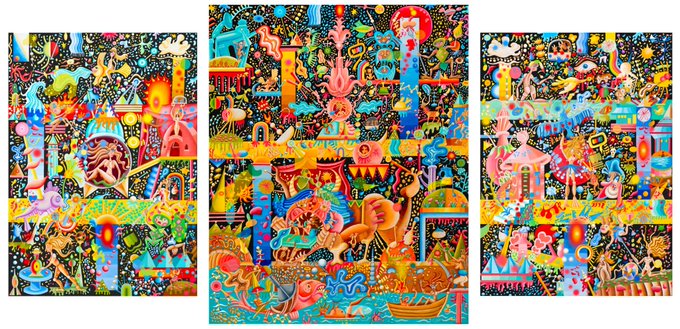 A complex, highly detailed triptych painting with vibrant colors, densely packed with intricate scenes, mythical creatures, and architectural elements.