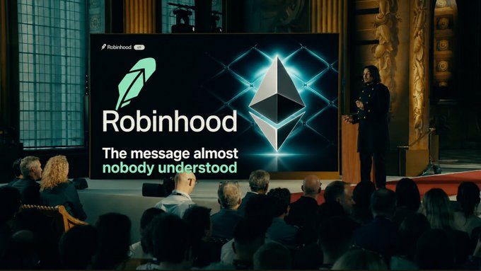 A man presents at a conference in front of a screen displaying "Robinhood," "The message almost nobody understood," and the Ethereum logo, with a "Robinhood" label and ticker visible. The image complements the post by visually highlighting the message that the speaker is about to deliver about Robinhood's new L2 chain, tying together the themes of Robinhood, Ethereum, and the overlooked significance of the announcement.