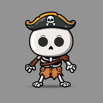 A cartoon skeleton character wearing a pirate hat and orange shorts, with a small shadow on a gray background.