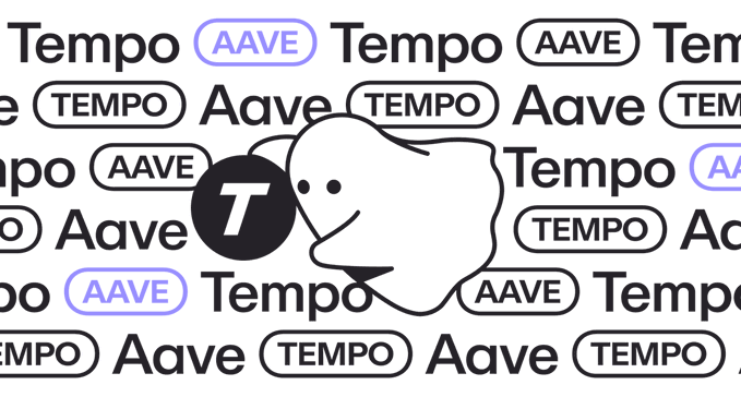 A graphic featuring the Tempo logo with a whale mascot, surrounded by repeating 'Aave' and 'TEMPO' text in a tiled pattern.