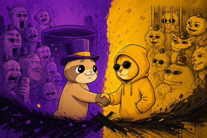Two anthropomorphic characters—a sloth in a top hat and a cat in a yellow hoodie—shake hands against a split purple and yellow background, flanked by cheering crowds representing the Degens and Yellowcatz communities in their respective colors.

The image visually represents the collaboration between the two NFT communities, symbolizing their partnership with the handshake between the sloth (Degen) and cat (Yellowcatz) mascots.