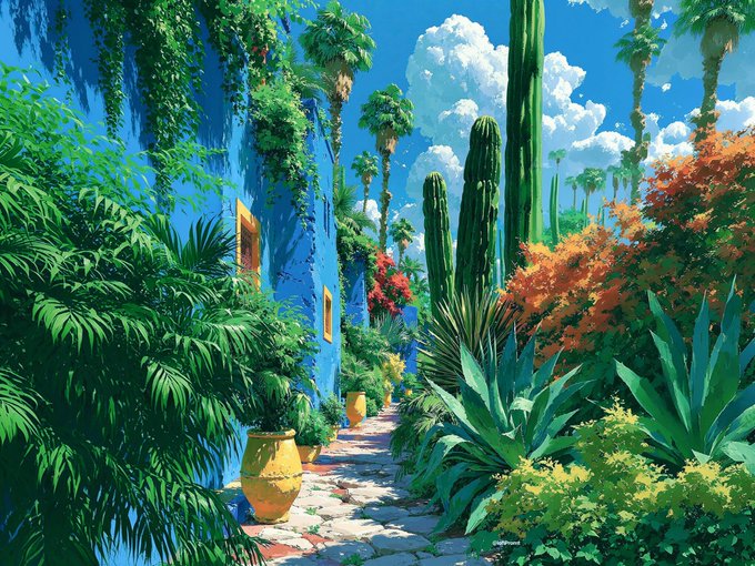 A vibrant, painterly illustration of a lush garden pathway featuring tall cacti, palm trees, blue walls, and colorful flowers under a bright blue sky.