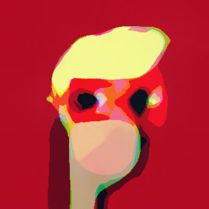 An abstract digital painting features a figure with a yellow shape on top and black hollow eye-like forms against a deep red background.
