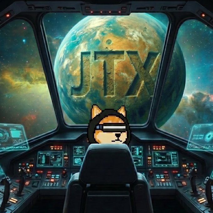 A pixelated cat wearing a VR headset sits in a spaceship cockpit gazing at a planet emblazoned with "JTX." The cosmic, futuristic scene ties to the post's "new week, new opportunities" theme by symbolizing fresh adventures and exploration ahead.