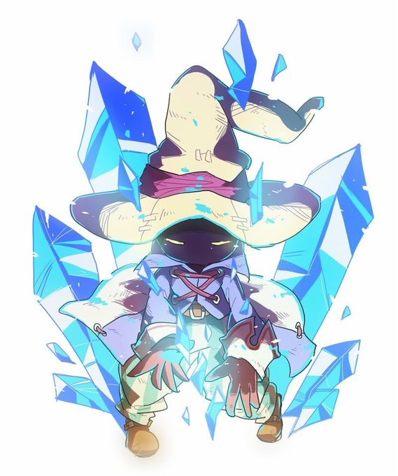 An anime-style illustration of a mage character in a pointed hat and fur-trimmed coat, surrounded by floating blue ice crystals in an inverted pose.