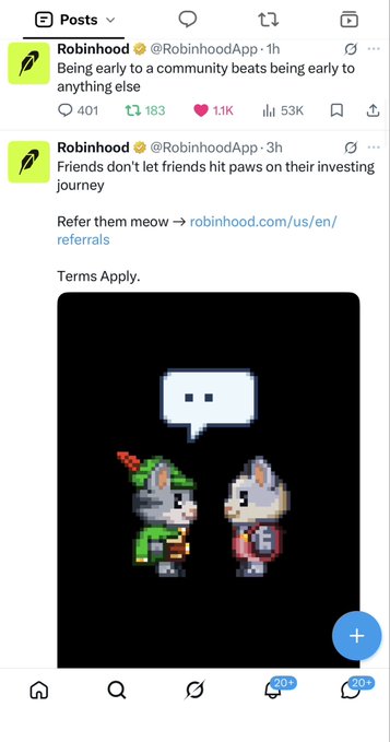 Robinhood posts promoting early community engagement and a referral program using cat-themed pixel art characters.