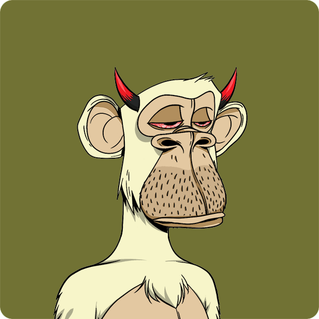 The image features a cartoon monkey with white fur, red horns, and a red nose, sitting against a green background. The monkey appears to be looking off into the distance or staring at something out of frame. There are no texts present in the image.