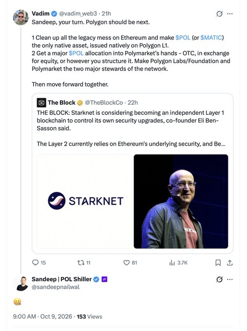 A Twitter/X post by Vadim (@vadim.web3) discussing Polygon and Ethereum blockchain integration, quoting The Block's article about Starknet potentially becoming an independent Layer 1 blockchain.