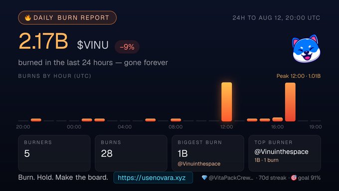 A daily burn report dashboard showing 2.17B $VINU tokens burned in the last 24 hours, with a -9% change, 5 burners, 28 burns, a biggest burn of 1B, and top burner @Vinuinthepace with a 1B · 1 burn.