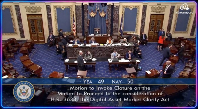 A screenshot from the U.S. Senate showing a vote tally of YEA 49 and NAY 50 on a 'Motion to Invoke Cloture on the Motion to Proceed to the consideration of H.R. 3633, the Digital Asset Market Clarity Act.'