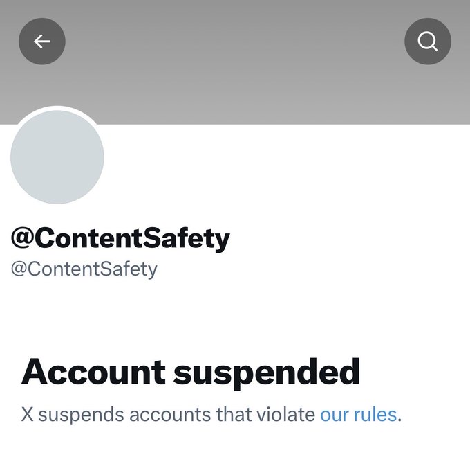 A screenshot of an X (Twitter) suspended account page for @ContentSafety with the message 'X suspends accounts that violate our rules.'