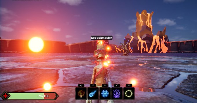 A video game screenshot showing a character named 'Depositmaster' with a crown in a lava-themed environment, featuring a health bar at 75/100 and a skill hotbar with icons labeled Q, E, R, C, and F.