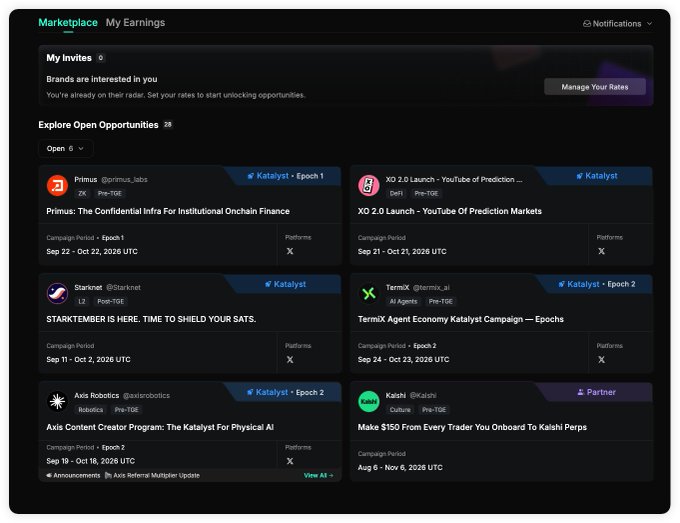A "Marketplace" interface for "My Earnings" lists open opportunities for brands like Primus, Starknet, and TermX, with campaign details for a Katalyst agent program.