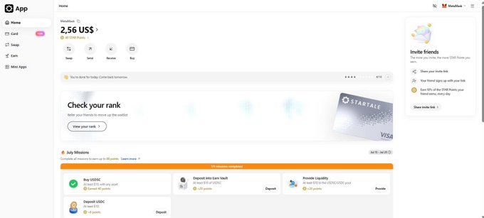 The image shows the Startale App dashboard displaying a Visa card account with a $2.56 US$ balance, a "Check your rank" section, and the July Missions feature highlighting "Buy USDSC" as the first mission rewarding 40 STAR Points—directly reflecting the post about the onchain finance tutorial mission involving USDSC purchase and STAR Points rewards.