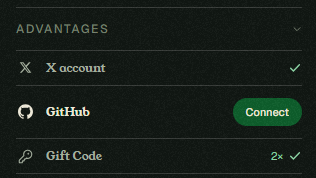 An 'ADVANTAGES' section interface showing a connected X account with a checkmark, a GitHub connection button, and a Gift Code option marked '2x ✓'.