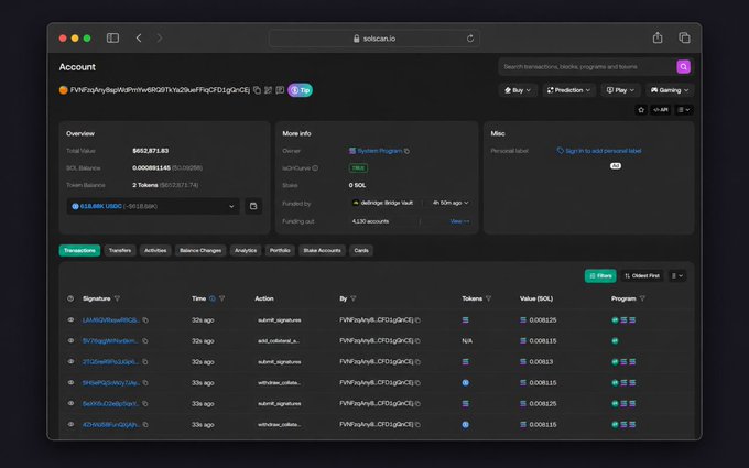 A SuiVision dashboard displays an account overview for the address `FNfFuqMyNqqSHB7HVeS9ODf1YoZuVaFFiqZTGSgmCnSj` showing a total value of `$652,872.83` and a SOL balance of `0.00086145`, with a transaction history full of spam token transfers (LAMBO, Moonshot, Stargate) cluttering the activity feed. The image illustrates the post's complaint by highlighting the persistent spam airdrop activity plaguing Sui accounts.