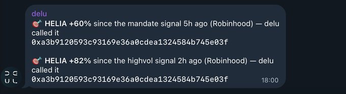 A screenshot of a Discord message from 'delu' showing crypto signals with 'HELIA +60%' and 'HELIA +82%' along with transaction hashes.