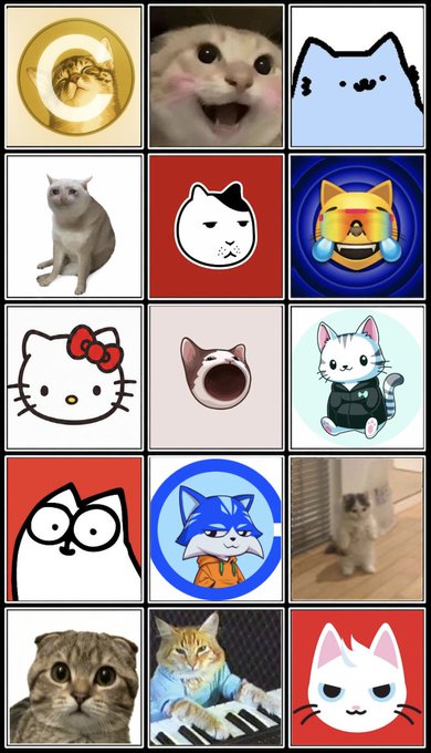 A 3x5 grid featuring fifteen cat images—including cartoon cats like Hello Kitty, crying laughing cats, crying cats, and meme characters like Doge and Smug Life—as visual accompaniment to a post arguing that "cat coins" are undervalued compared to dog-themed cryptocurrencies, given cats' massive global owner base of 380M (nearly matching dogs' 400M despite cat coins' market cap being 30x smaller).