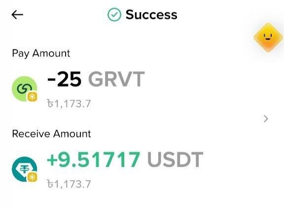 Successful cryptocurrency transaction screen showing a payment of -25 GRVT (₺1,173.7) to receive +9.51717 USDT.