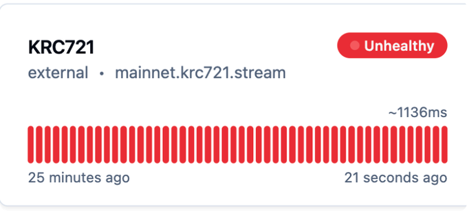 A system status indicator showing 'KRC721' (mainnet.krc721.stream) as 'Unhealthy' in red, with a response time of ~1136ms and a red barcode-style visualization spanning from 25 minutes ago to 21 seconds ago.
