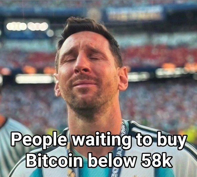 A meme showing Lionel Messi with his eyes closed and a disappointed expression, with the caption "People waiting to buy Bitcoin below 58k."