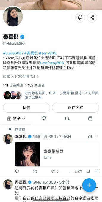 A Twitter profile page for '秦嘉倪 @NiJia51360' shows a pinned tweet referencing 'Luki66887' and 'senya888' with instructions for commissions, dated July 2024.