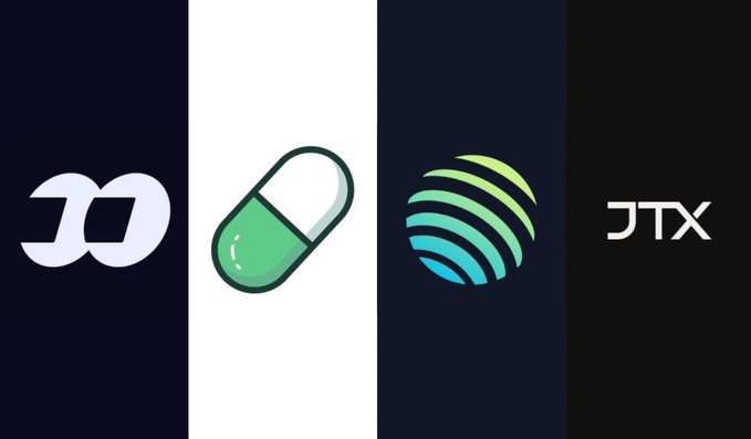 Four cryptocurrency/token logos displayed side by side: a stylized 'D' symbol, a green and white capsule pill, a green/blue striped sphere, and the text 'JTX'.