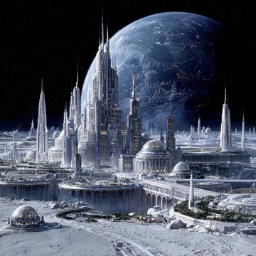 A sprawling futuristic city of towering spires and domed structures sits on a planetary surface with a large moon dominating the sky, evoking humanity's expansion beyond Earth. The scene illustrates the post's vision of settling the Moon before venturing on to Mars.
