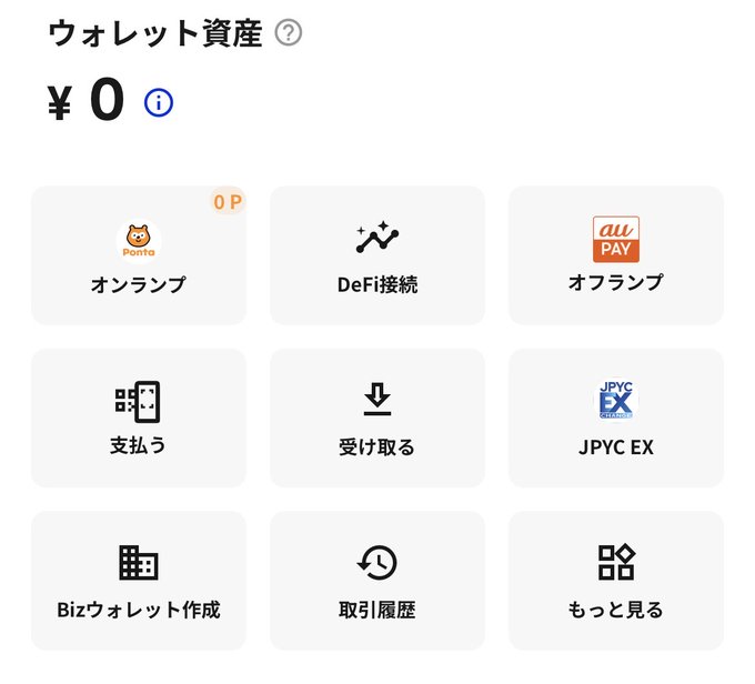 A Japanese wallet app screen showing "ウォレット資産 ¥0" (Wallet Assets ¥0) with menu options including オンランプ (Ponta 0P), DeFi接続, オフランプ (au PAY), 支払う, 受け取る, JPYC EX, Bizウォレット作成, 取引履歴, and もっと見る. The image illustrates the HashPort Wallet interface being reviewed in the post, which discusses the high barrier for non-crypto users to obtain JPYC, as the only available on-ramp is exchanging Ponta points.