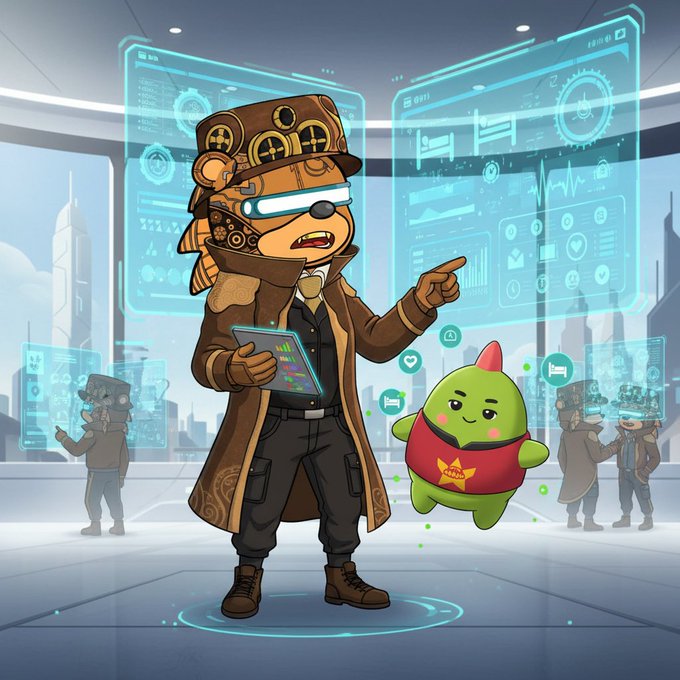 The image shows a cartoon detective character wearing a trench coat, fedora, and blue sunglasses, holding a tablet device with the number "11" displayed on it, while pointing at a small green creature in a red hoodie standing beside them against a futuristic holographic interface background. The accompanying post text doesn't directly reference this image, suggesting it's unrelated promotional or abstract content overlaid on an AI-generated illustration likely used for engagement rather than conveying specific information.