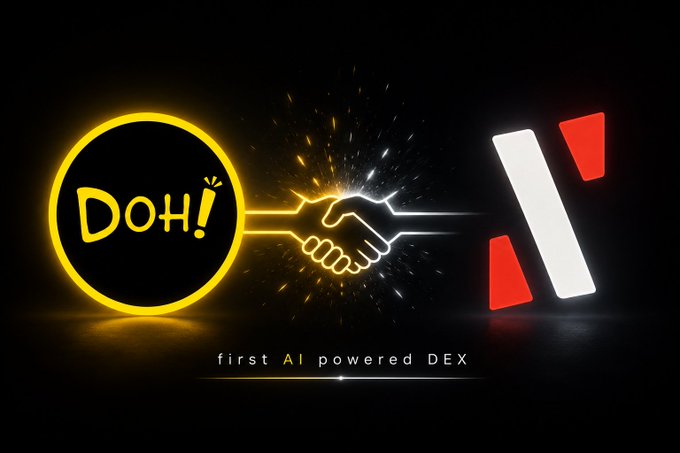 A promotional graphic displays a glowing handshake between a 'DOH!' logo on the left and the Alephium logo on the right, with the text 'first AI powered DEX' below.